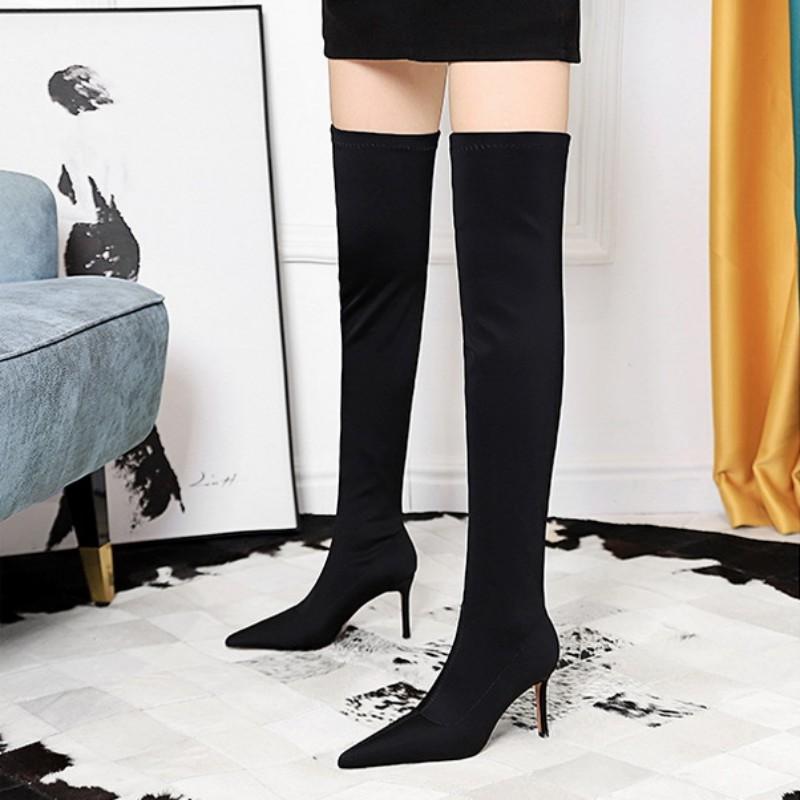 European and American Style Simple High Heel Pointed Elastic Lycra Sexy Slim Over Knee Boots