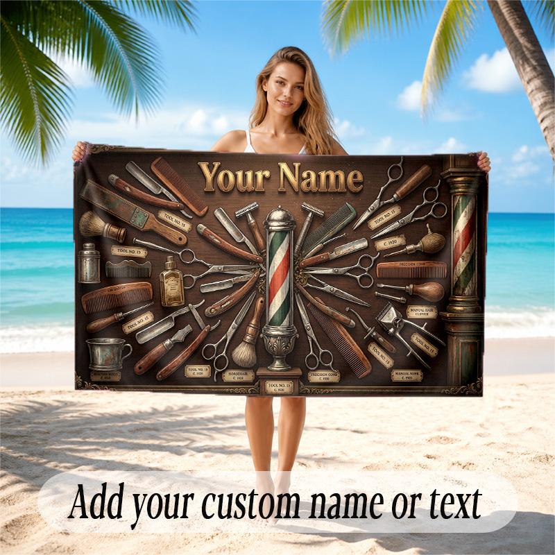 Barber Salon Theme Quick Dry Beach Towel Custom Name Text Print Large Sand Resistant Towel Beach Vacation