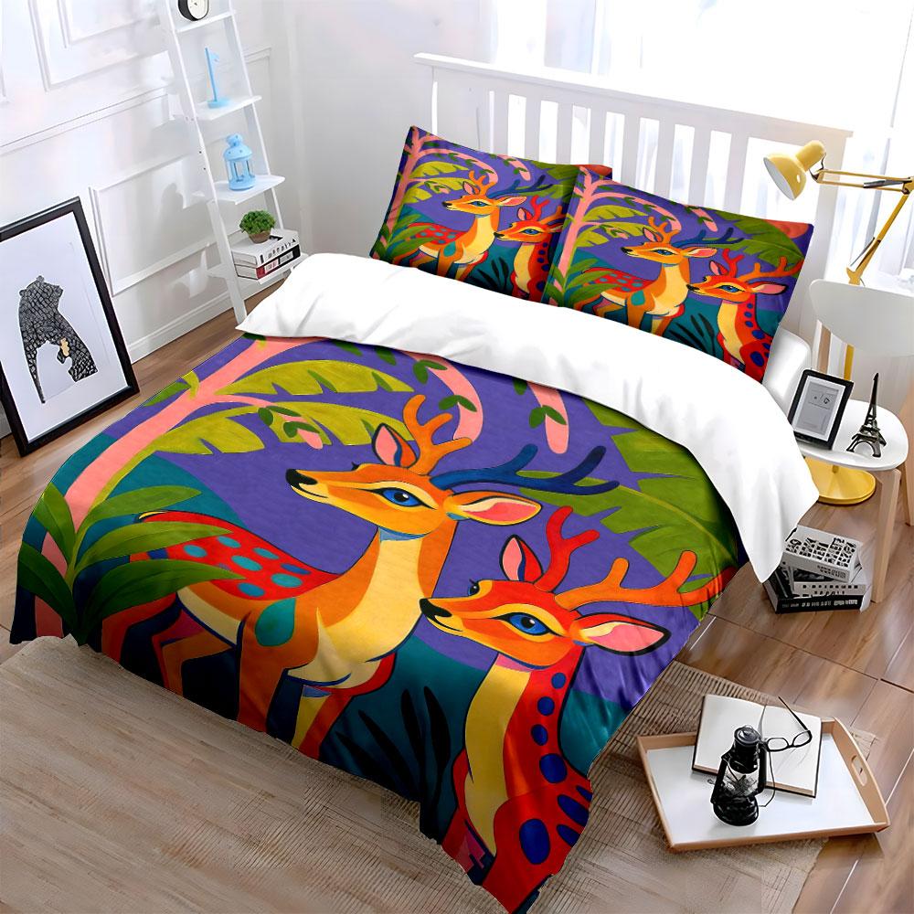 Colorful Deer and Foliage. Bedding Sets Duvet Cover Sets Duvet Covers Pillowcases(1 * Duvet Cover 2 * Pillowcases, Without Duvet Insert)