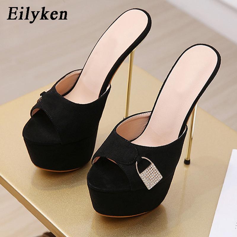 Eilyken Crystal Nightclub Wedding Women’s Slippers Sexy Platform Thin High Heels Summer Flock Party Sandals