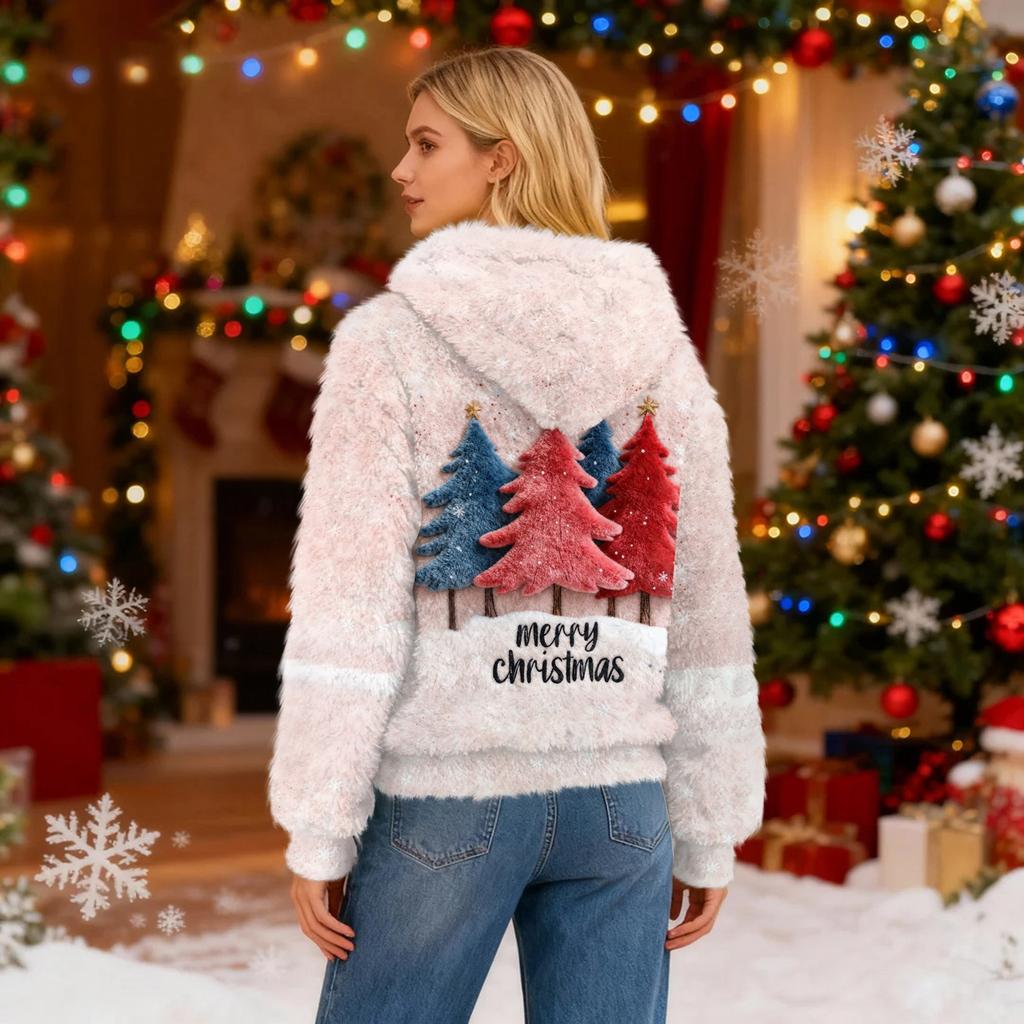 Sudadera con capucha de franela con estampado navideño de manga larga para mujer