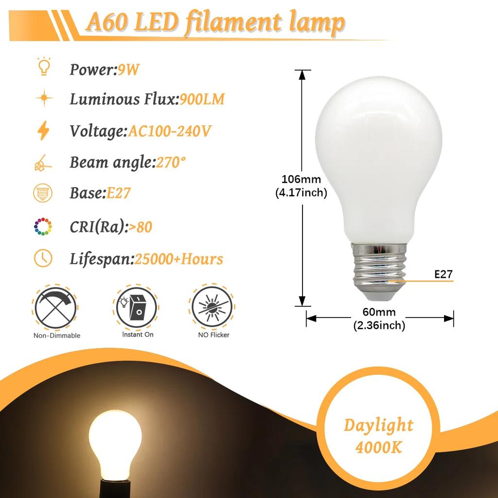 6PCS LED Filament Light Bulb Retro Edison E27 E14 B22 4000K 2700K 220V A60 G45 C37 Vintage Ampoule Incandescent Bulb Edison Lamp