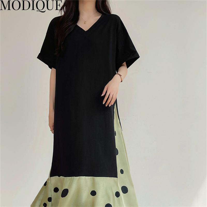 MODIQUE Summer Plus Size Women Loose Casual A-Line Patchwork Dot Print Silk Hemline Long Dresses Female Versatile Oversize Short Sleeve V-Neck Dresses