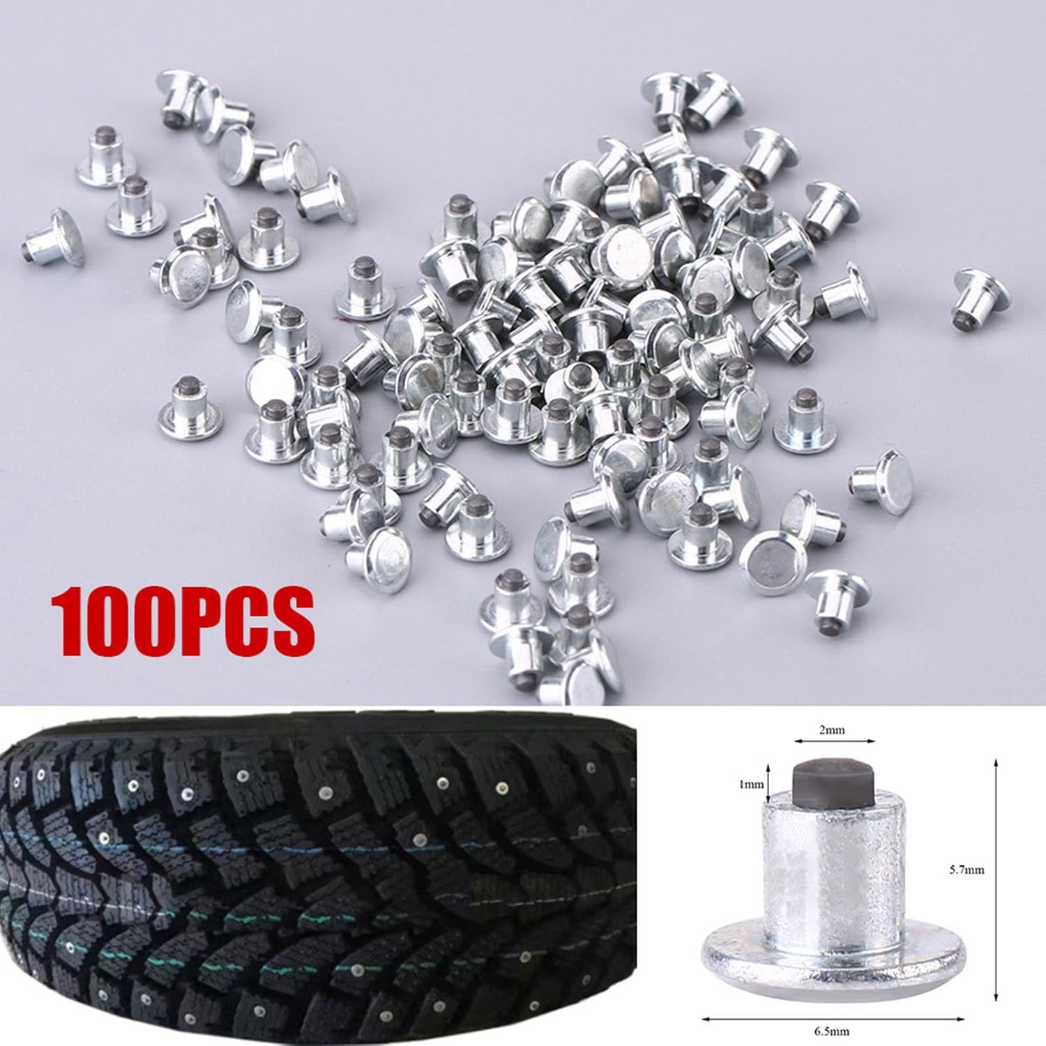 

Tire Spikes Wheel Studs Snow 100pcs 6.5mm/0.26 Anti-Slip Tire Studs, Heavy Duty Wheel Tire Snow Studs for Car, ATV, Motorcycle, Bike, Shoes