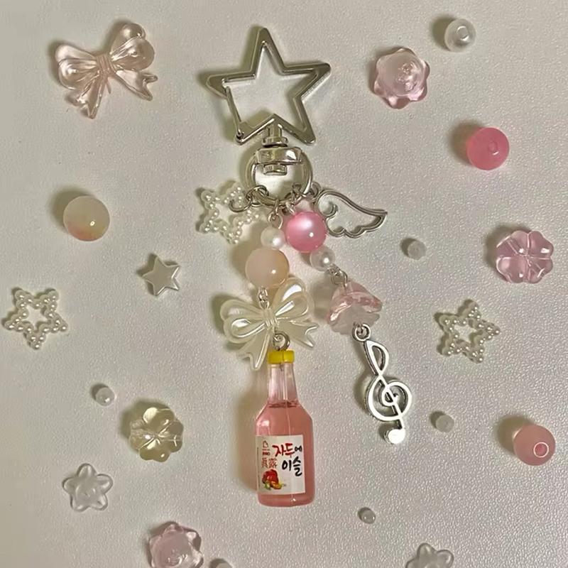 Cute Aesthetic Beaded Star Bow Beverage Bottle Keychain Fashion Funny Keyring Exquisite Backpack Decoration Accessories Gifts