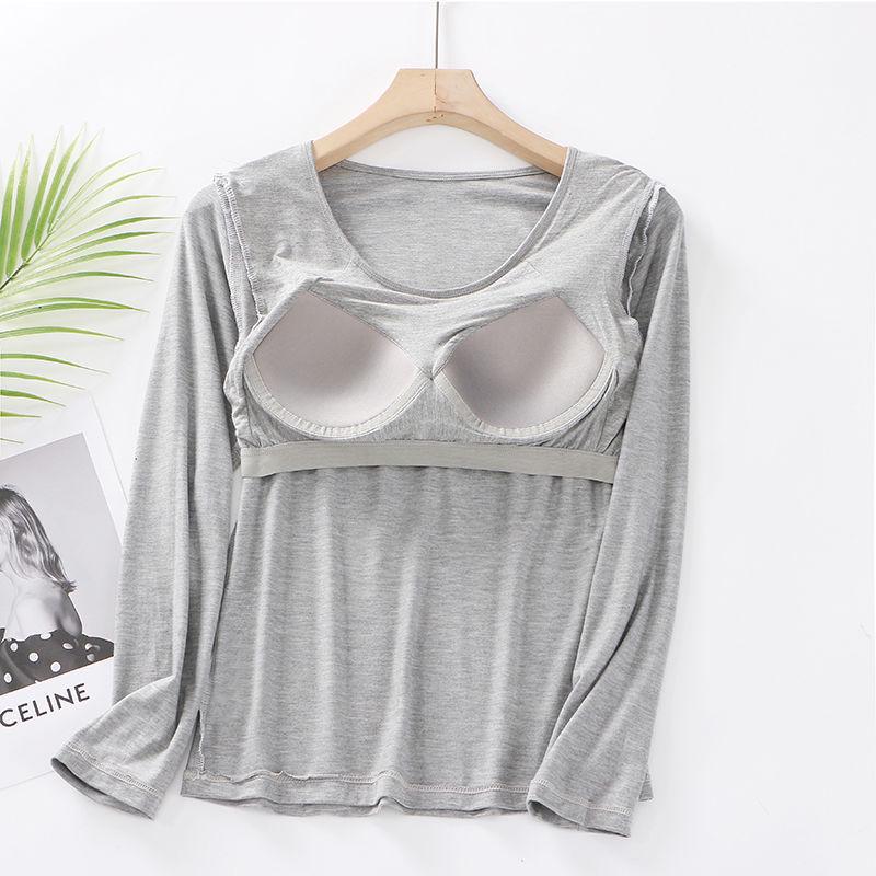 Modal Long Sleeve Thermal Undershirt with Built-in Padded Bra for Women