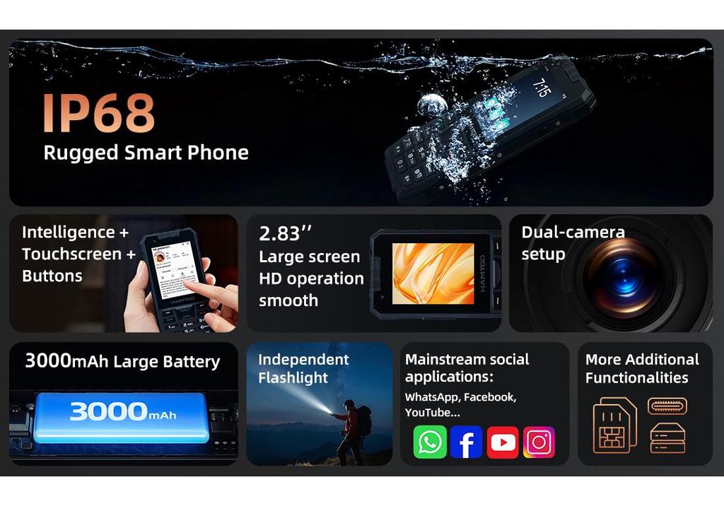 HAMTOD H6/2.8" Smart Rugged Phone with Touchscreen & Keyboard, 3G+32G, Android 11, 4G Network