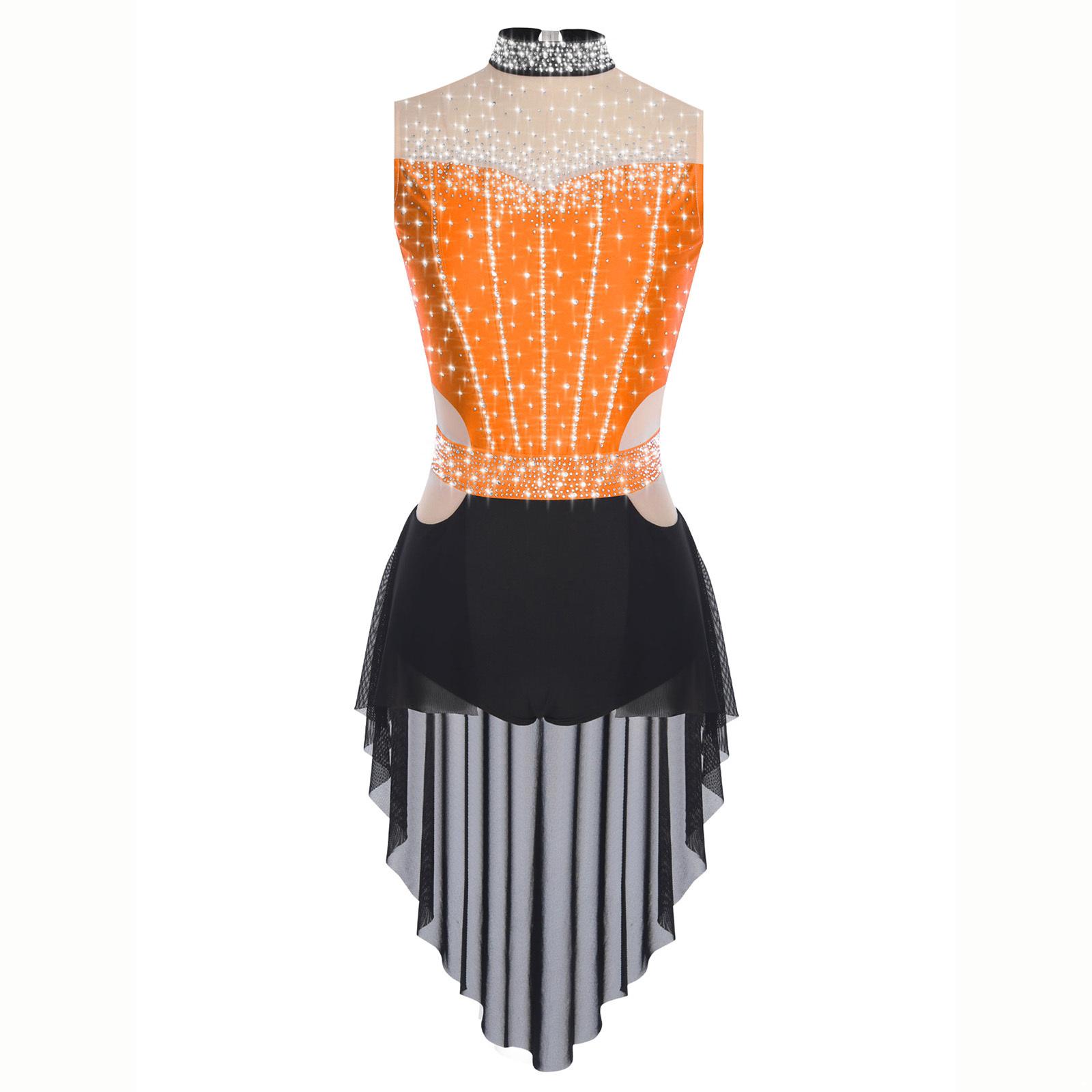 

Ladies Mock Neck Sleeveless Lyrical Dance Dress Backless Shiny Rhinestones Color Block Mesh Skirted Leotard S помаранчевий