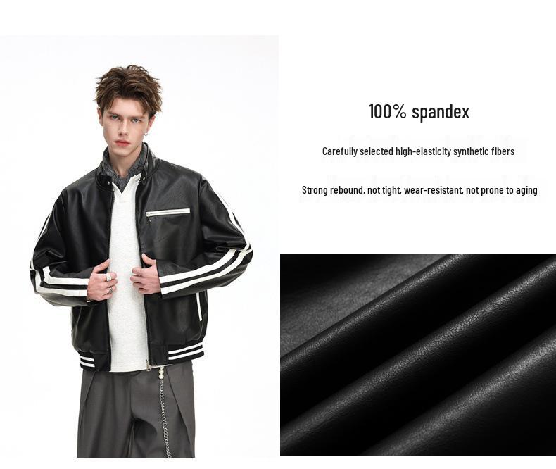 Herren Trendy Lederjacke mit Stehkragen - Lockere Passform, Lässig, Modisch, Bequemes Gewebe mit Schlichtem Linienmuster.
