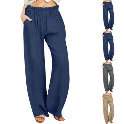 Women Elastic High Waist Pant Casual Fit Wide Leg Long Pants Trousers With Pockets