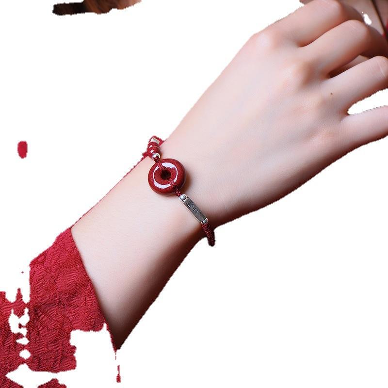 Cinnabar Peace Buckle Red Rope Bracelet for Men and Women, Zodiac Silver Braided Cinnabar Bracelet, Couple's Bracelet with Beads