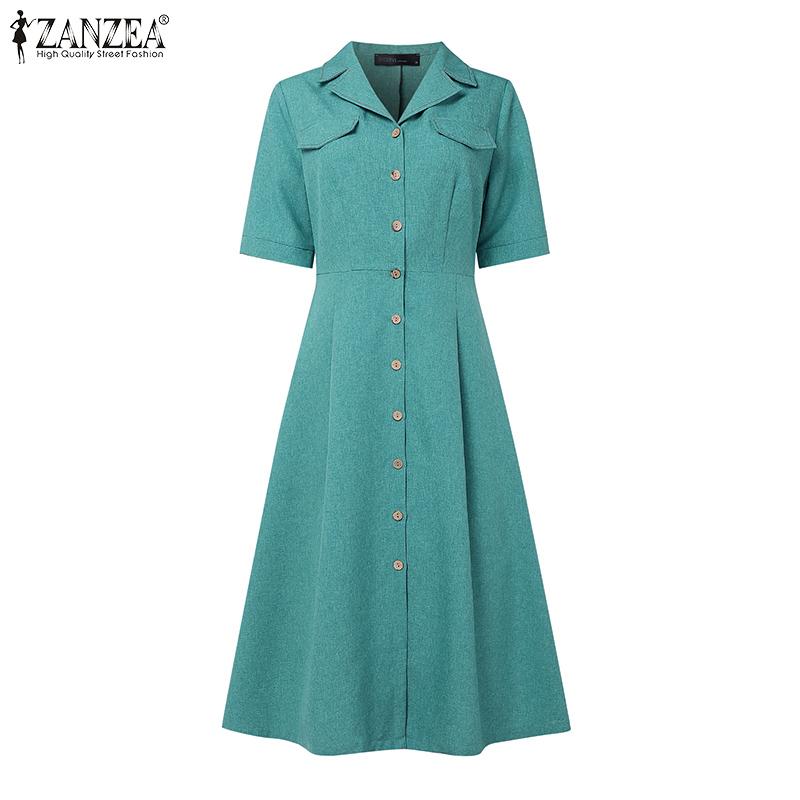 ZANZEA Women Summer Turn Down Collar Casual Short Sleeve Dress