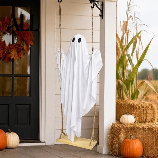 Indoor Outdoor Spooky Atmosphere Halloween Hanging Ghost Swing Decor with String Lights, Glowing Floating Remote Control Lights Ornament for