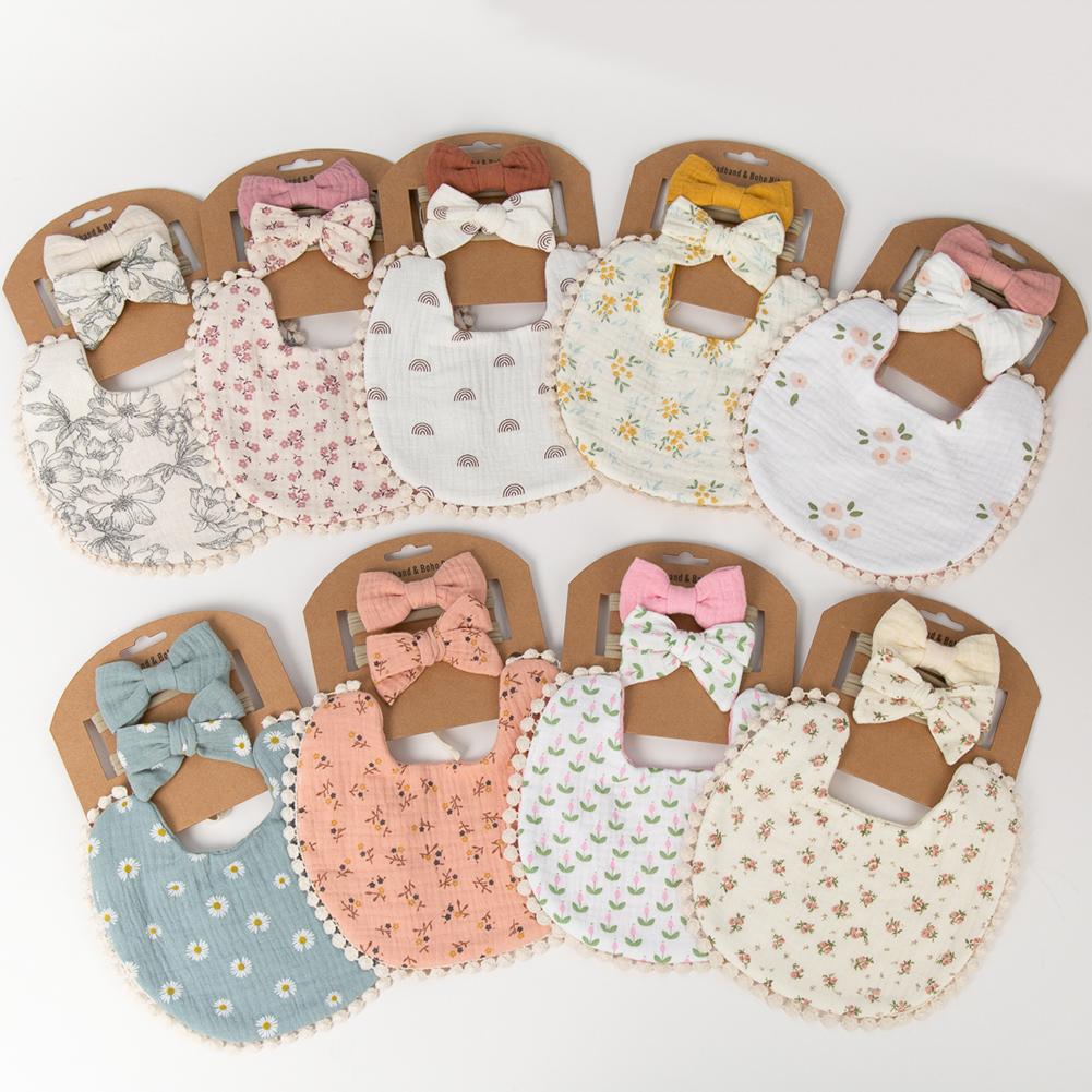 Baby Flower Bibs & Headbands Bow Nylon Hairbands Double Side Saliva Towel Feeding Burp Cloth Scarf Boys Girls Headwear