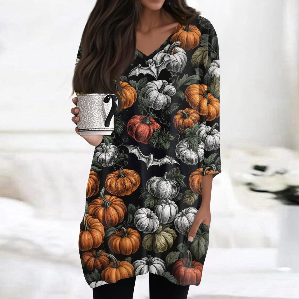 Womens's Fashion Casual Halloween Print V-neck Mid Length Pocket 3/4 Sleeve Top