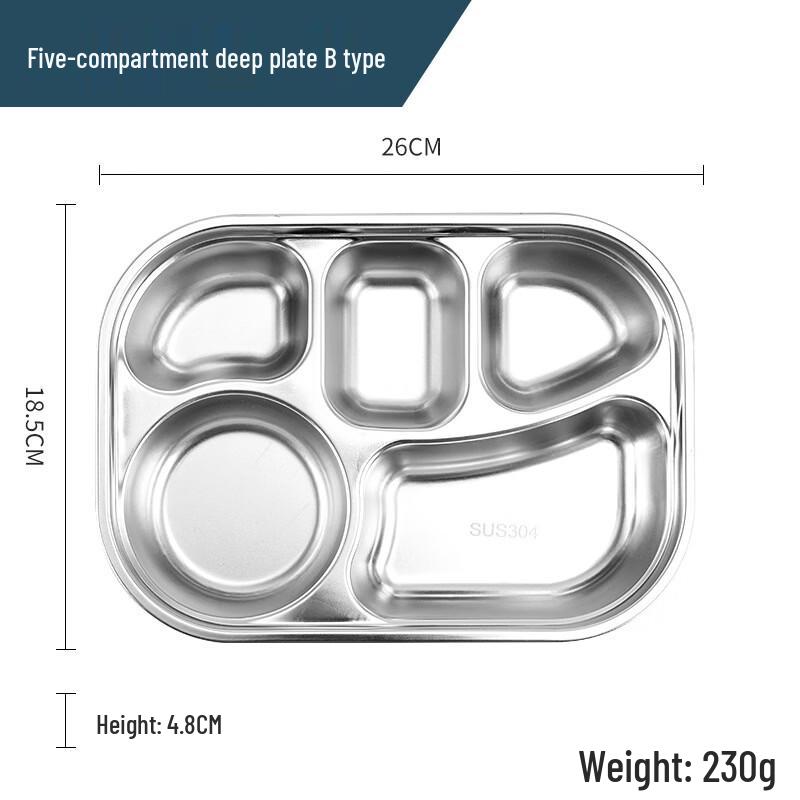 Handun 304 Stainless Steel 5-Compartment Divided Food Tray