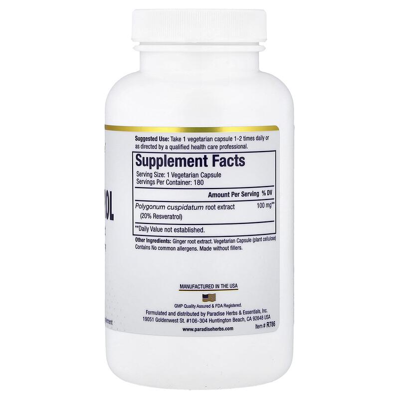Resveratrol Premium Extract, 180 Vegetarian Capsules (100 mg per Capsule)