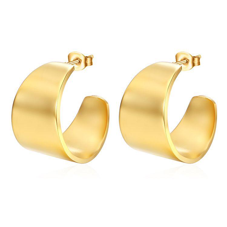 Elegant Titanium Steel C-Shaped Earrings - European and American Style, Wide Surface Design.