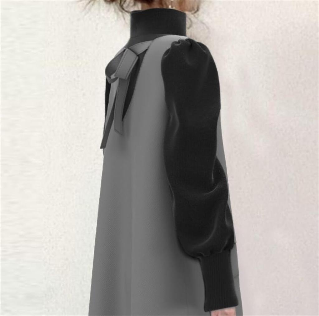 YUANYUAN Docking Long Puff Contrast Back Side Loose Winter Size Women's Dress, Dress, Sleeves, V-Neck, Color-Matching, Stitching, Ribbon, Buttons,
