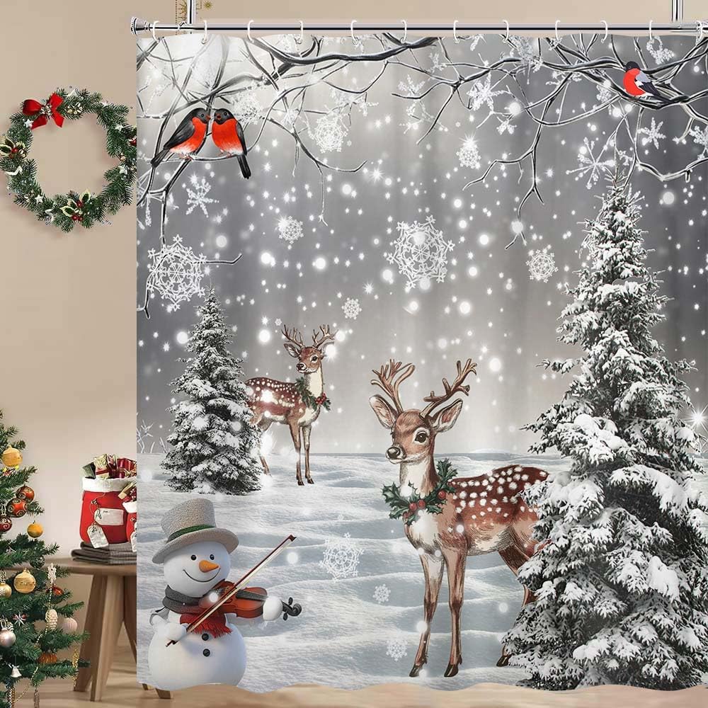 Winter Christmas Farmhouse Shower Curtain, Rustic Window Scene Glitter Xmas Tree Holiday Bathroom Bathtubs Decor, Fabric Shower