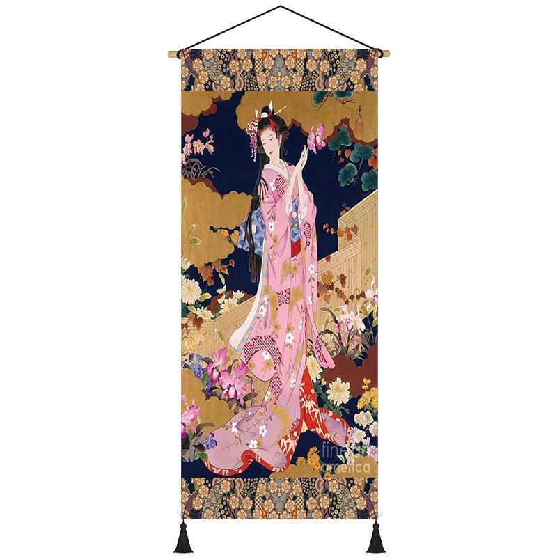 Toile murale rétro avec geisha japonaise vintage, kimono, femme ukiyo-e, affiche, restaurant, maison, salon, peinture à suspendre