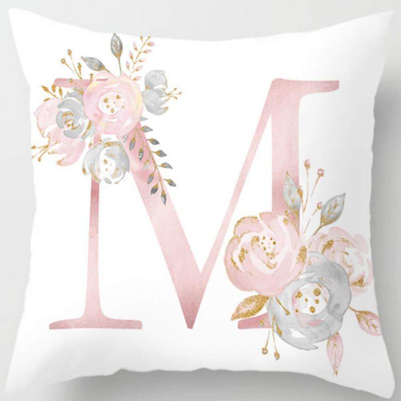 White Pink Alphabet Pillowcase Letter A-Z Flower Pillow Cover Sofa Cushion Cover Home Decor Pillow Cover