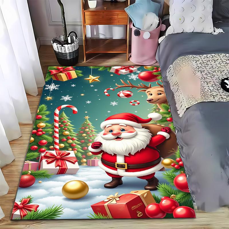 Christmas Santa Claus and Reindeer Carpet with Gifts and Snowflakes Suitable for use as an anti-slip for living room bedroom sofas
