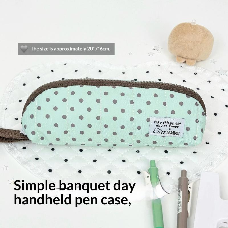 Cute Polka Dot Quilted Pencil Case Large Capacity Portable Strap For School Office Students Use