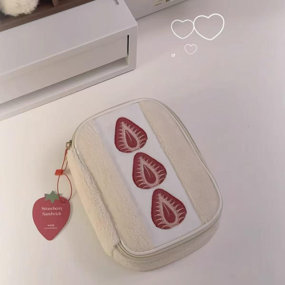 

Strawberry Plush Embroidered Handbag and Makeup Organizer for Women