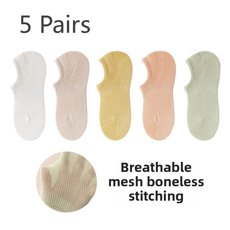 5 Pairs of Female Summer Pure Cotton Deodorant Mesh Thin Style Breathable Boneless Invisible Boat Socks