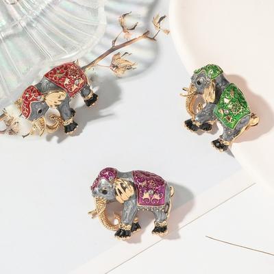 Unisex Brooch Rhinestone Decor Retro Oil-drip Enamel Elephant Shape Anti-slip Suit Coat Collar Hat Scarf Decoration Clothes Pin Party