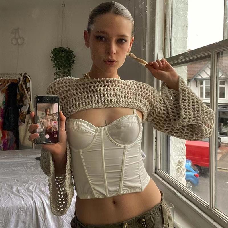 Women Y2k Crochet Knit Hollow Out Crop Top Long Flared Sleeve Shrug Sweater Mesh Cover Ups Cardigan Streetwear Pullover Women