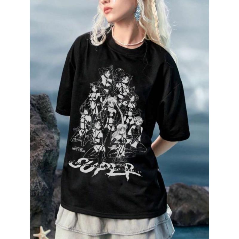 Fun Trendy Dark Beauty Warrior Printed Street Cartoon Anime Vintage Top Japanese Ins Pure Cotton Men and Women XL