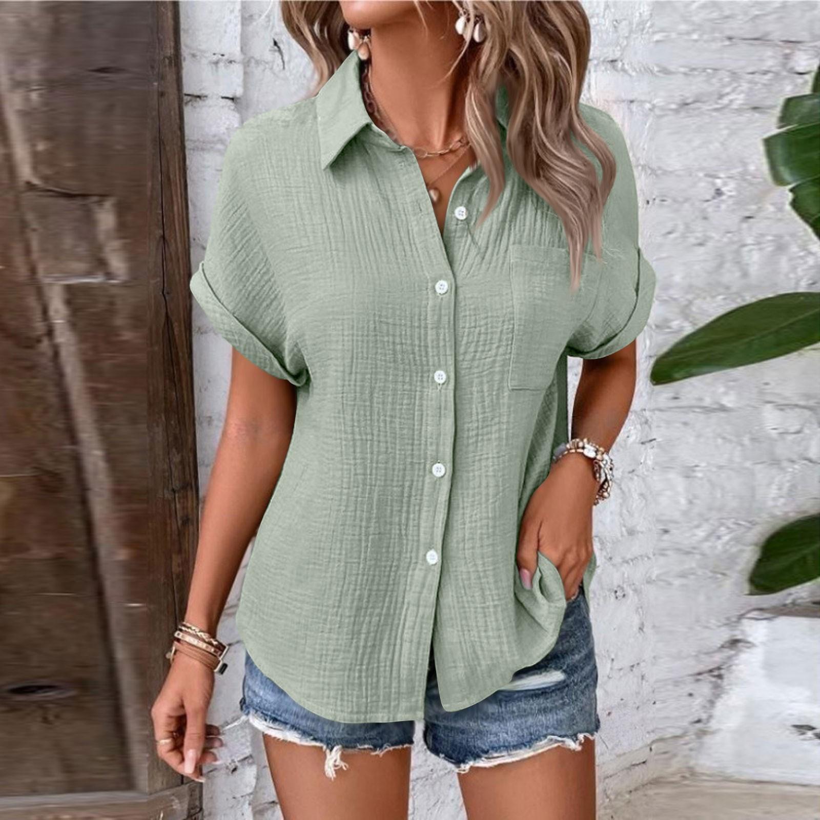 

Женские рубашки на пуговицах с коротким рукавом, повседневная рубашка с воротником, свободные блузки, однотонные топы с карманом M
