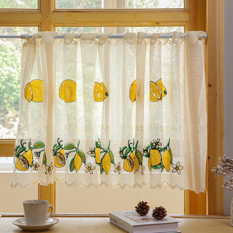 

American Lemon Embroidery Short Curtain Kitchen Living Room Cabinet Partition Bedroom Window Small Curtains Cafe Half Curtain 150x55cm