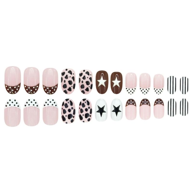 Short Oval Press On Nail With Mixed Pattern Art, Leopard Star Dot Stripe False Nail Set, 10Piece Manicure Kit for Party
