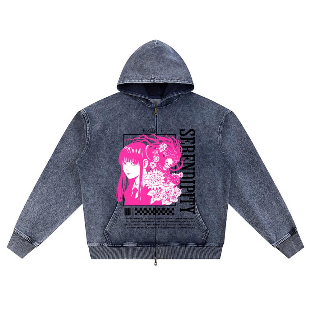 

DTG print Knitted Denim Zip-Up Hoodie Serendipity Anime Style Brother Print Zipper Hoodies XL темно-синий