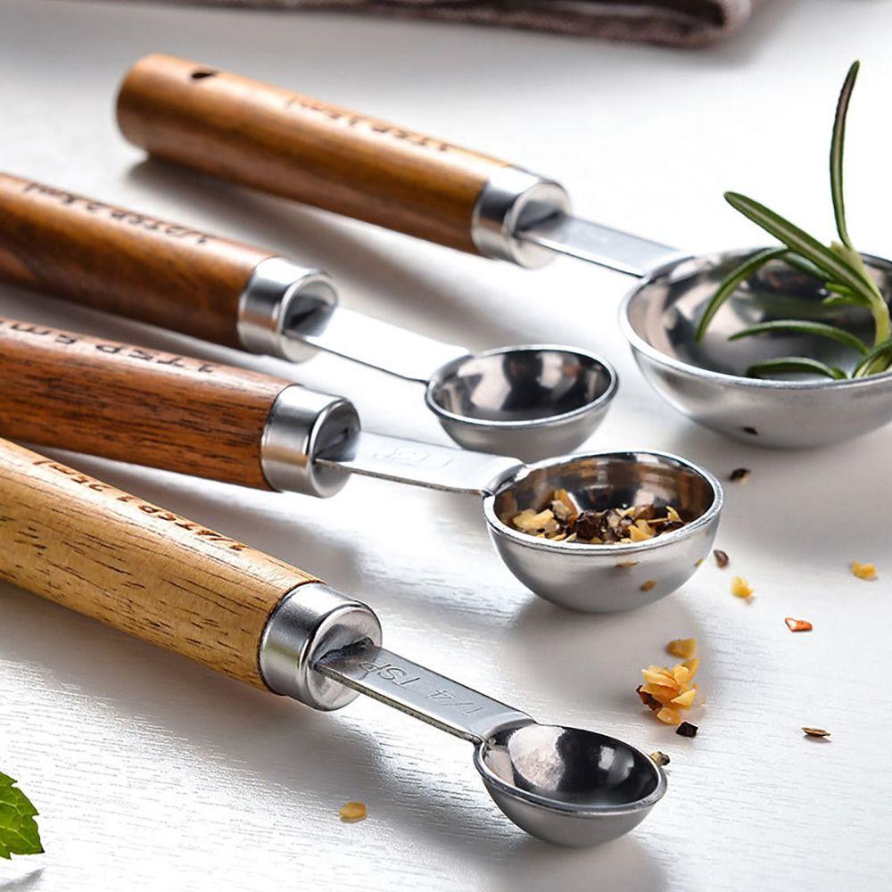 4 Stück Holzgriff Kaffeemesslöffel Edelstahl Backwerkzeug Eis Zucker Salz Gewürz