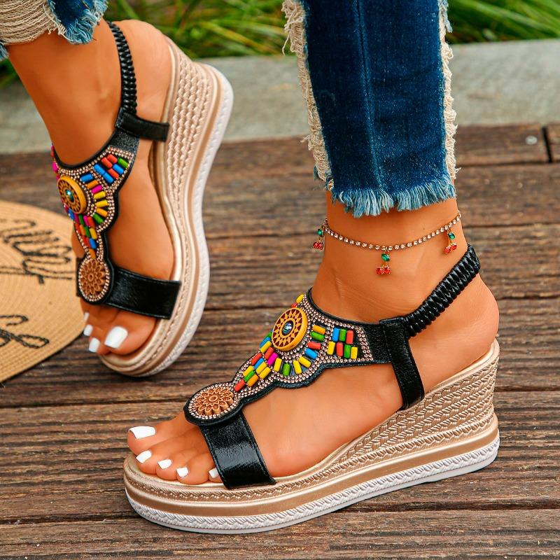 Fashion 2025 Summer Bohemian Style Wedge Heel Sandals Women Thick Sole Non Slip Beach Shoes Woman Colorful Bead Chunky Platform Sandals