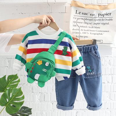 Children's Autumn Clothing Set for Boys and Girls Striped Round Neck Jeans Two-piece Set with Bag
