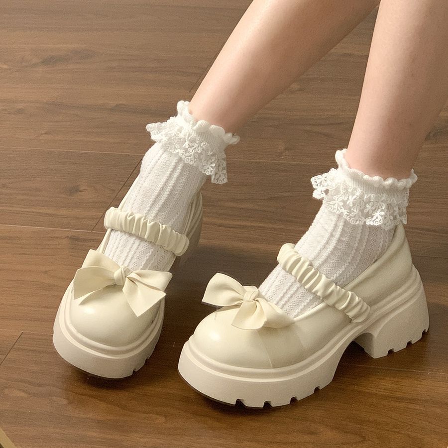 22 dicksohlige Mary Jane kleine Lederschuhe Frühling und Sommer Französische High-Heel Muffin-Absatz dicker Absatz Schleife einzelne Schuhe