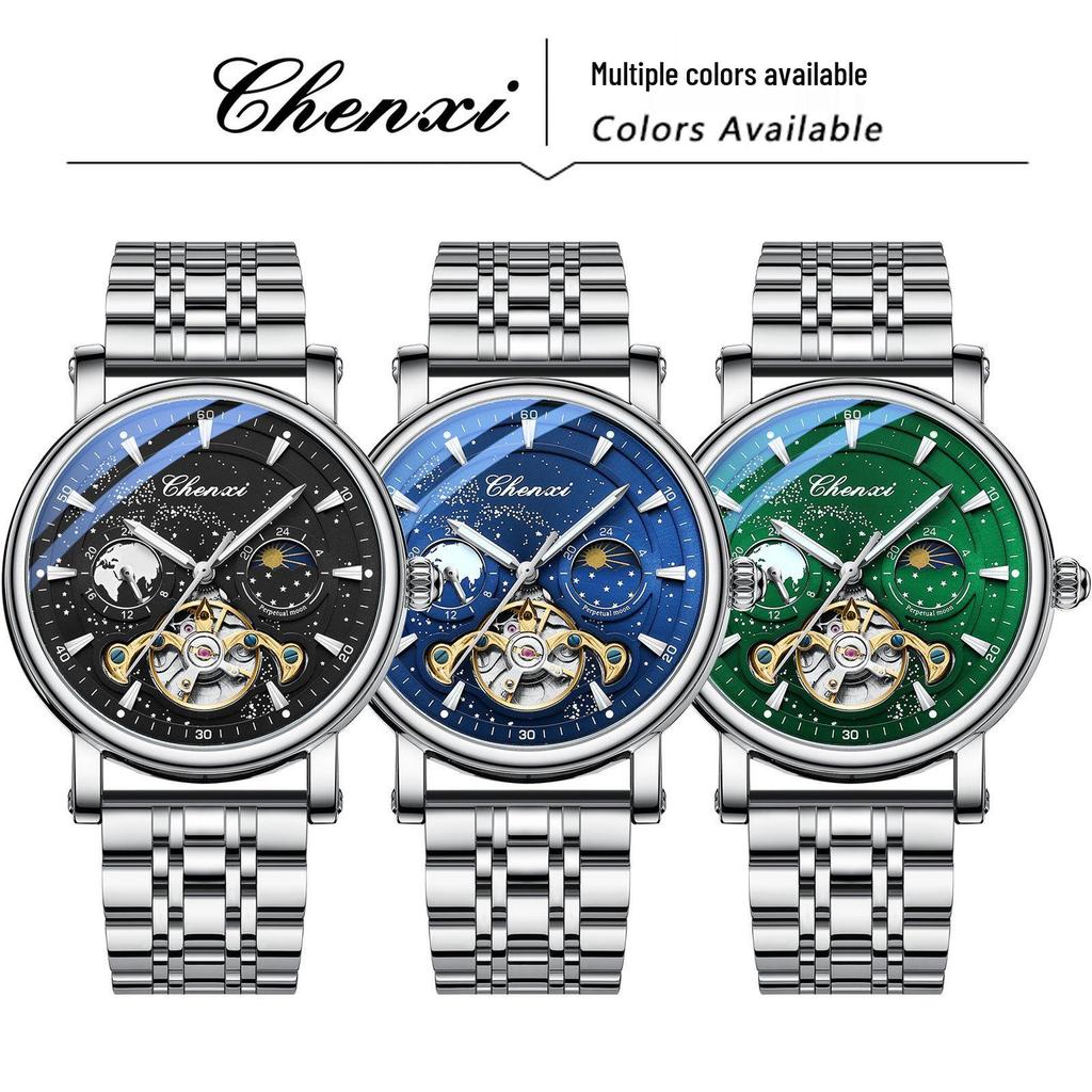 Dawn Star River Moon Phase Skeleton Tourbillon Men's Automatic Luminous Leather Strap Watch