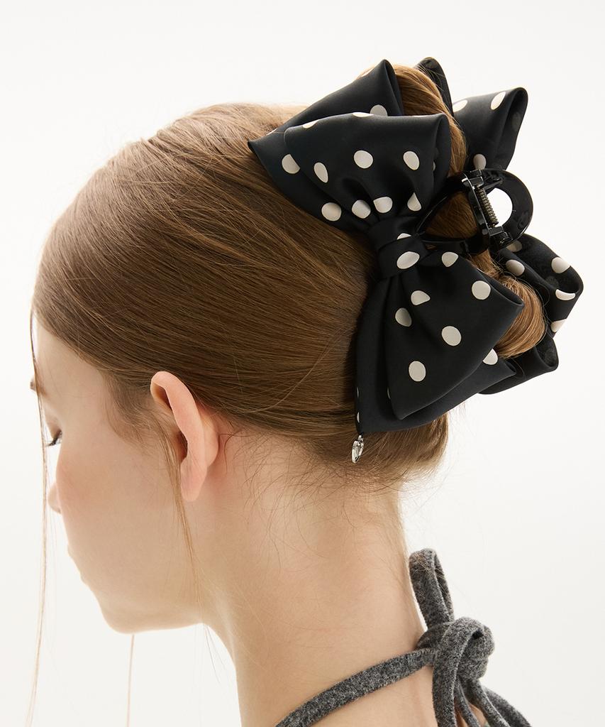 Vvv Satin Dot Double Ribbon Hair Clip _ Black
