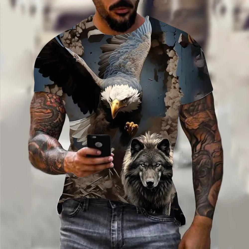 Koszulka męska Harajuku Hip Hop Trend Street Casual Okrągły dekolt Krótki rękaw Luźny Top Zabawny 3D Animal Eagle Print Koszulka