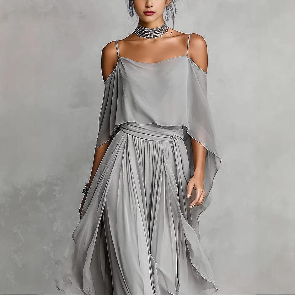 DM092 Amazon Unabhängige Station 20206 Neues Träger-Off-Shoulder Elegantes Blusenoberteil mit Chiffon Asymmetrisch Lang