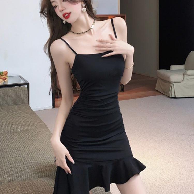 Women's Summer Black Strappy Mini Dress with Waist-Cinching Irregular Fishtail Skirt