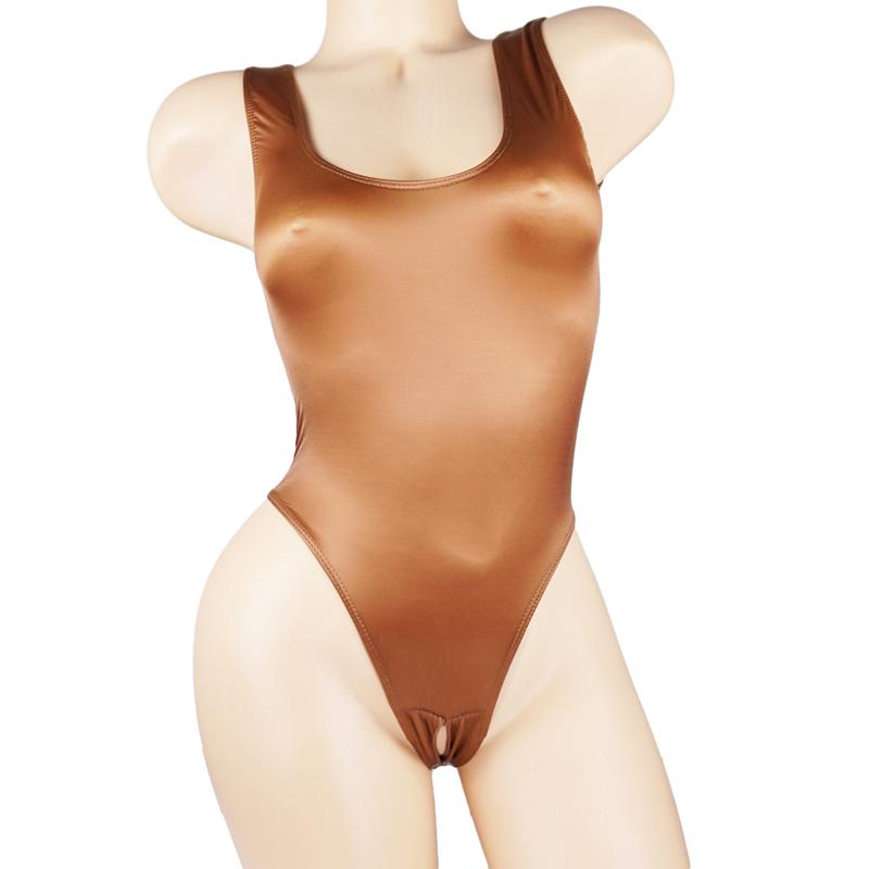 Satin Glänzend Trikots Einteiler Badeanzug Sexy Hoch geschnittener Offener Schritt Bikini String Bodysuit Glänzend Damen Unterwäsche Große Größen