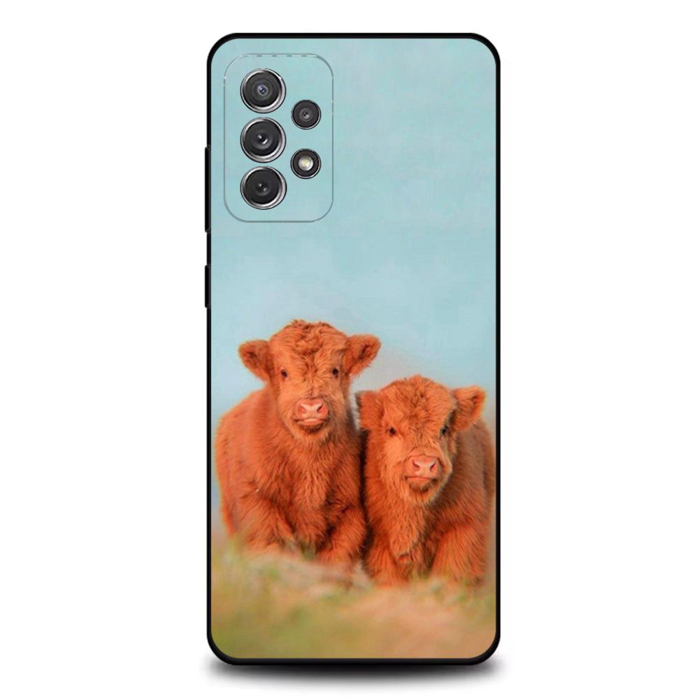 Mielas Škotijos galvijas telefono dėklas Samsung S25,S24,S21,S22,S23,S30,Ultra,S20,Plus,Fe,Lite,Note,10,9,5G Juodas dangtelis