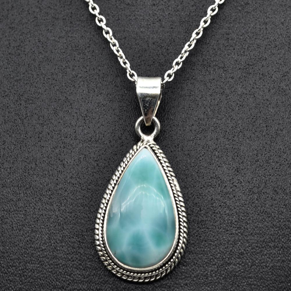 Handmade Larimar Gemstone Solid Pendant Necklace 925 Sterling Silver Women Jeweley