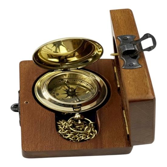 5.08 cm Plain Push Button Brass Compass with Wooden Box Wedding, Anniversary, Birthday, Christmas Gift
